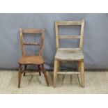Two child's chairs, one with spindle turned decoration to back