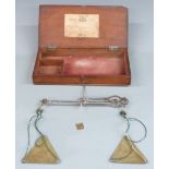 Victorian Vardome, Titfords & Pawson cased travelling beam scale with triangular brass pans and