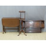 Wall mounted mahogany shelf unit, Sutherland table and a two tier occasional table