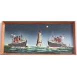 Panel reverse printed with the Lusitania and Mauretania ships, 25x53cm
