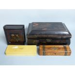 Japanese lacquered large sewing box and contents, brass-bound oak glove box and two other boxes