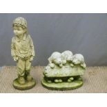 Garden welcome sign held by three puppies together with a model of a boy with rucksack, height 51cm