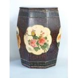 Eastern octagonal storage jar or stool decorated with birds in foliage, height 44cm