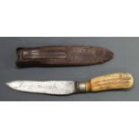 Wade, Wingfield & Rowbotham sheath or skinning knife in leather sheath, blade length 13cm