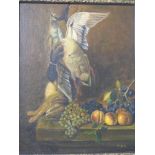 H.Keil oil on board still life of game and fruit, 41 x 32.5cm, in part gilt frame