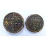 Two James I unite brass coin weights for gold coins comprising unite, I.R.MA BRIT, right facing King