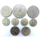 Nine George III brass coin weights comprising gold guineas 5 DWT 8GR, coffee pot impressed marks,