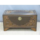 Carved Chinese/ Hong Kong chest with camphor wood lining, H50 x W93 x 45cm