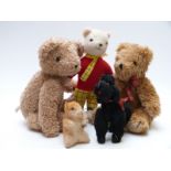 Five various Teddy bears including a Steiff style hamster with blonde mohair and straw filled