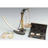 Griffin & George swinging weight type scales, travelling beam scale and a cased travelling beam