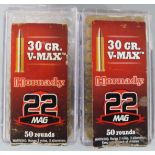 Seventy seven Hornady V-Max .22 rifle cartridges, in original boxes. PLEASE NOTE THAT A VALID