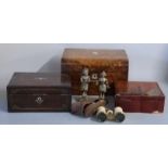 Three 19th century boxes, one with fitted interior and bottles, width 30cm together with a pair of