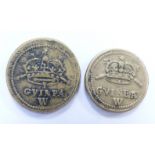 Two William III brass coin weights for one gold guinea and half guinea , Laureate heads obverse,