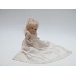 JDK Kestner bisque headed doll with open mouth, fixed blue eyes, blonde hair and jointed composite