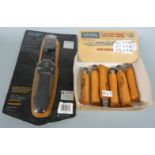 Six Opinel folding knives together with a Gerber hunting knife with 8cm blade and sheath with