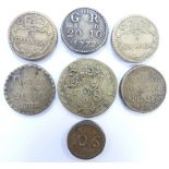 Seven George III brass coin weights for gold sovereigns etc, 5 DWR 8GR, guinea etc one with