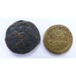 Two James I angel brass coin weights for gold coins comprising half angel I.R.M BRIT King's bust