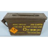 A military style metal ammunition box marked 7.62mm Blank L13A2 LNK 200 Carts