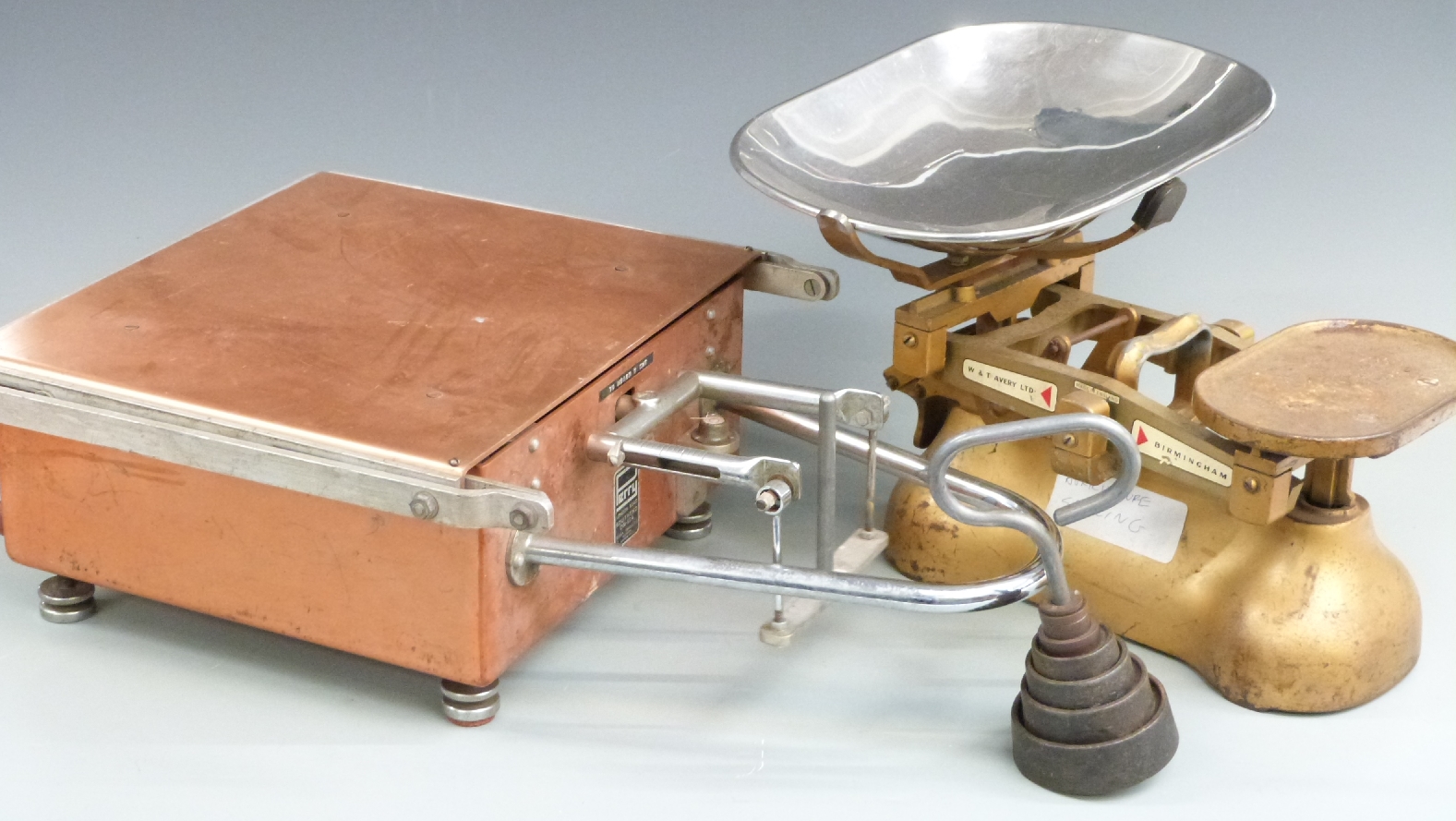 W & T Avery Ltd scales, a set of Perry portable scales and a stack of weights, ex Monmouthshire