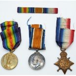 British Army WWI medals comprising Aug-Nov 1914 (Mons) Star, War Medal and Victory Medal named to