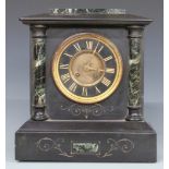 Victorian black slate mantel clock with marbled columns and two train Japy Freres movement