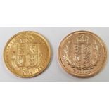 Cased set comprising two gold half sovereigns 1887 and 2002 celebrating two Golden Jubilees, Queen