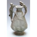 Art Nouveau figural pewter vase with water nymph and bullrushes, signed verso Jouant (Jules Jouant