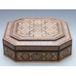 Vizagapatam or similar Eastern/Indian inlaid octagonal box with further similar decoration to inside