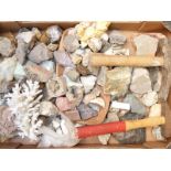 A collection of mineral samples including quartz, chalcopyrite, fuchsite etc