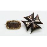 A 9ct gold Victorian mourning brooch set with hair and a tortoiseshell brooch