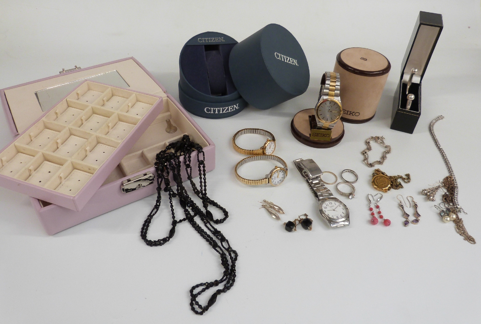 A collection of jewellery including a silver bracelet, silver earrings, jet necklace, silver - Image 2 of 2