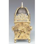 French 19thC brass lantern clock in earlier style, with masked decoration to sides and Japy Freres