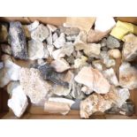 A collection of mineral samples including calcite, quartz, sphalerite, gypsum etc