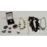 Art Deco hardstone necklace, necklaces including pearl and beaded, silver brooches and a Victorian