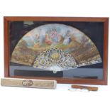 A mother-of-pearl fan in framed glass display case, together with original box for Pedro Vergez