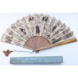 Sturrock & Sons 19thC fan, the silk panel printed with German scenes, in original box marked