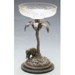 19th century silver plated centrepiece having cut glass bowl supported on a palm tree with