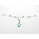 Art Deco 9ct gold necklace set with green and clear paste, 25.5cm drop