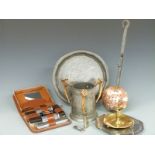 Quantity metalware including large horn mounted pewter tyg mug, hammered pewter tray, travelling