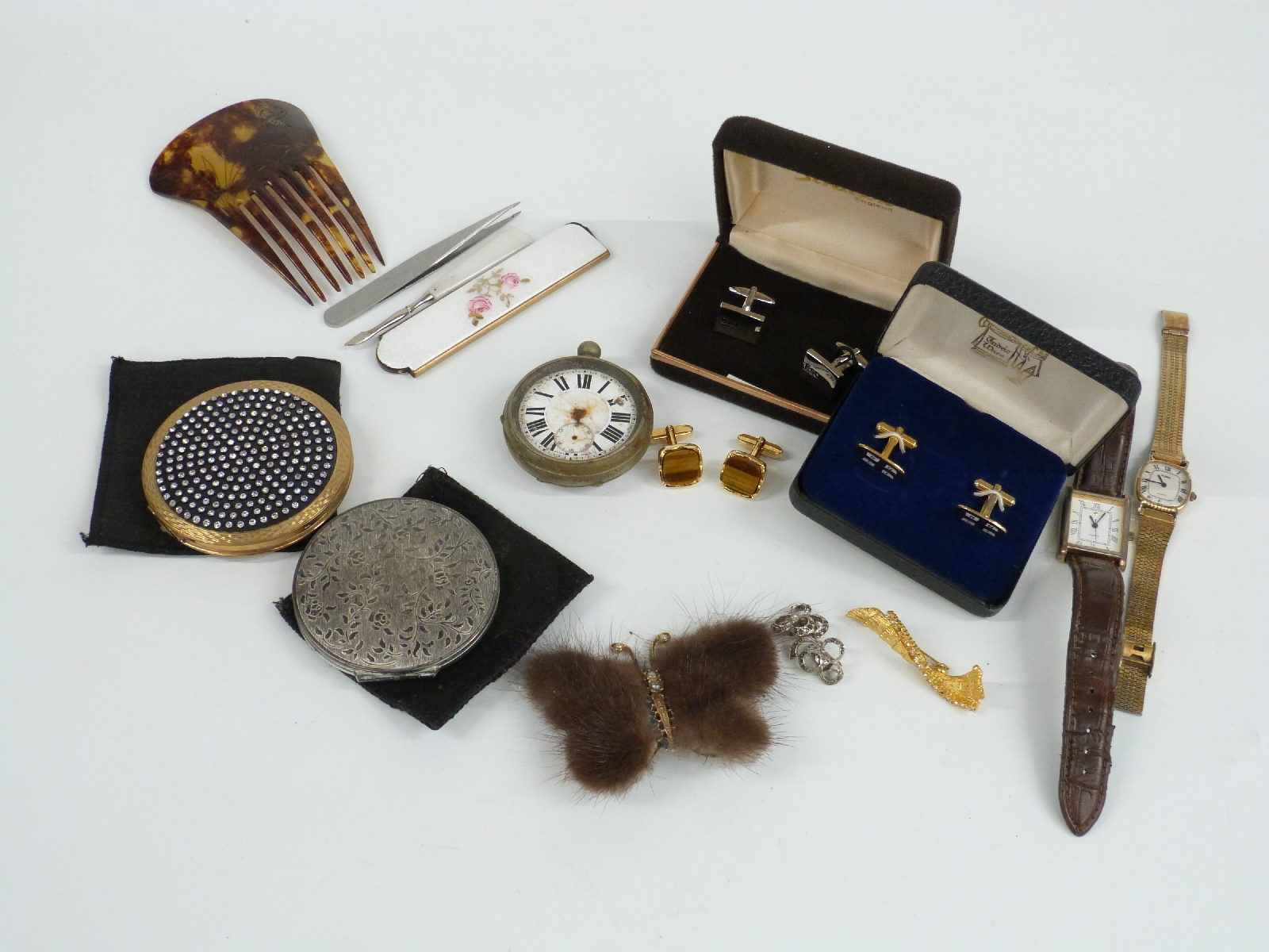 A collection of costume jewellery including beads, brooches, watches, silver handled button hook, - Image 3 of 7