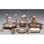 A quantity of silver plate to include 19th century spirit kettle on stand, candlesticks including