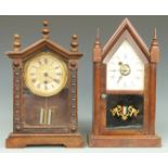 Wurttemberg mantel clock with carved case and Roman dial, together with a steeple clock with alarm