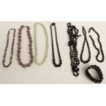 Three jet necklaces, jet bracelet, glass necklace, agate necklace etc