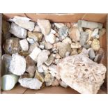 A collection of mineral samples including quartz, agate, desert rose etc