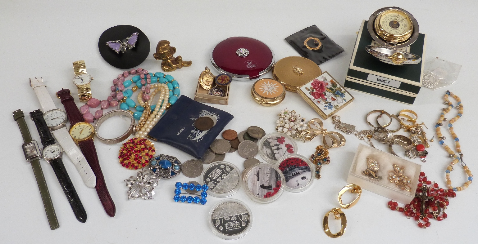 A collection of costume jewellery including necklaces, Dalvey barometer etc