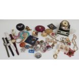 A collection of costume jewellery including necklaces, Dalvey barometer etc