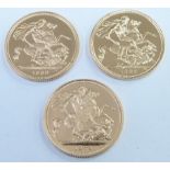 Cased set of three proof gold full sovereigns, representing three portrait versions of HM Queen