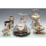 A quantity of silver plated ware including a spirit kettle, cocktail shaker, wine cooler, salver,
