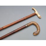 Two walking sticks, one with carved likely marine ivory handle formed as a seal