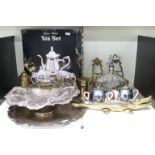 A quantity of silver plated ware to include boxed tea set on tray, further tray, swing handled lobed